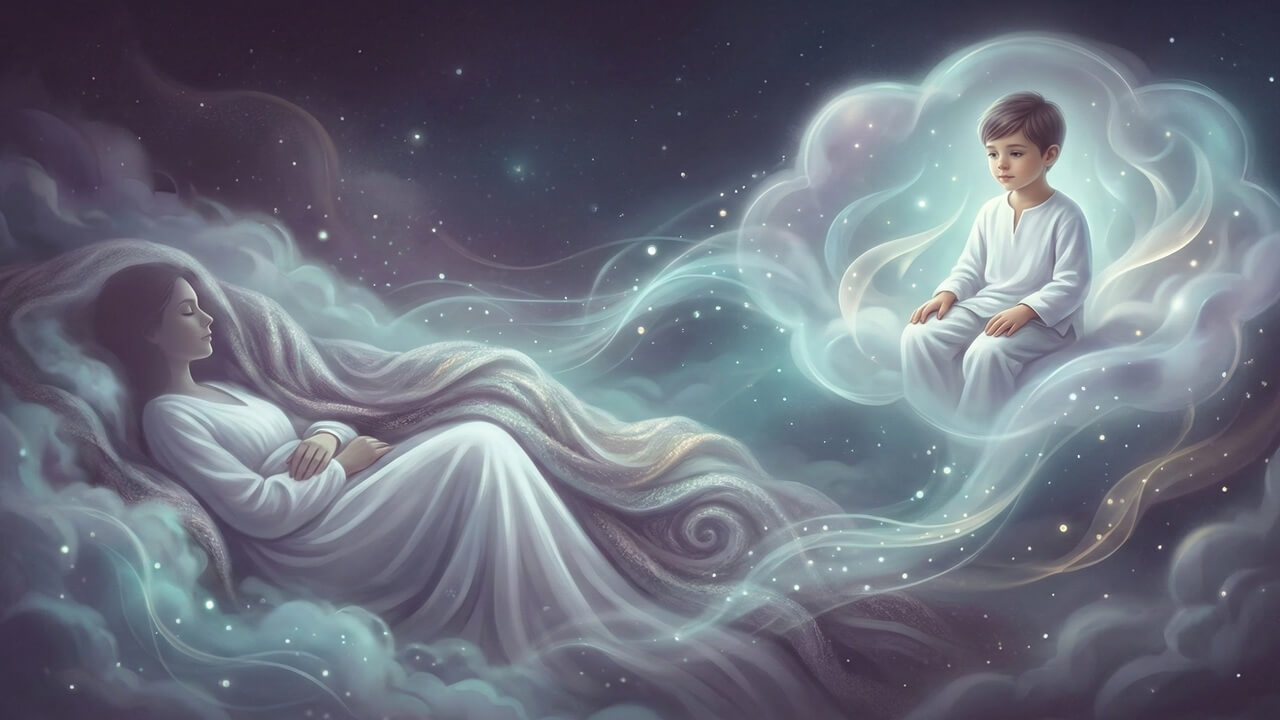 Annenin Rüyada oğlunu görmesi konulu, bulutlar arasında uyuyan kadın ve rüyasında beliren erkek çocuğu illüstrasyonu.