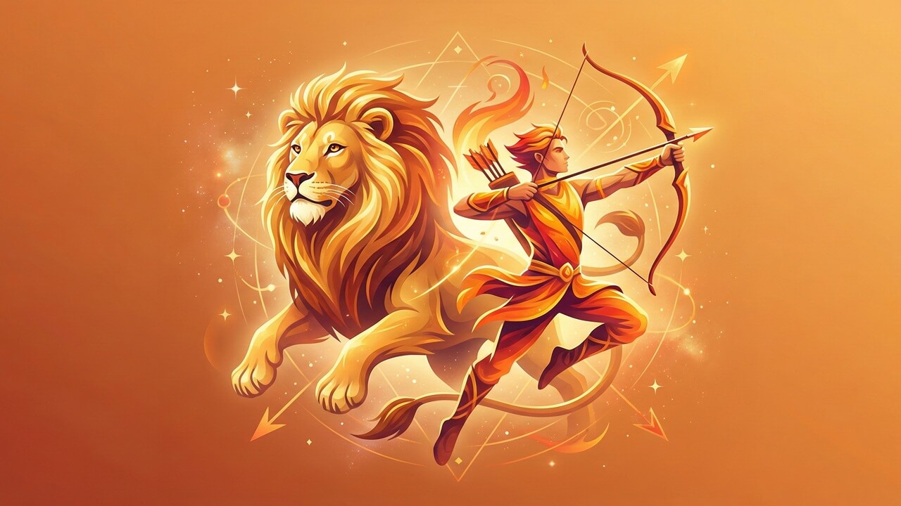 Aslan ve Yay burcu uyumu için hazırlanan Turuncu tonlarda, macera ruhlu aslan ve okçu görseli.