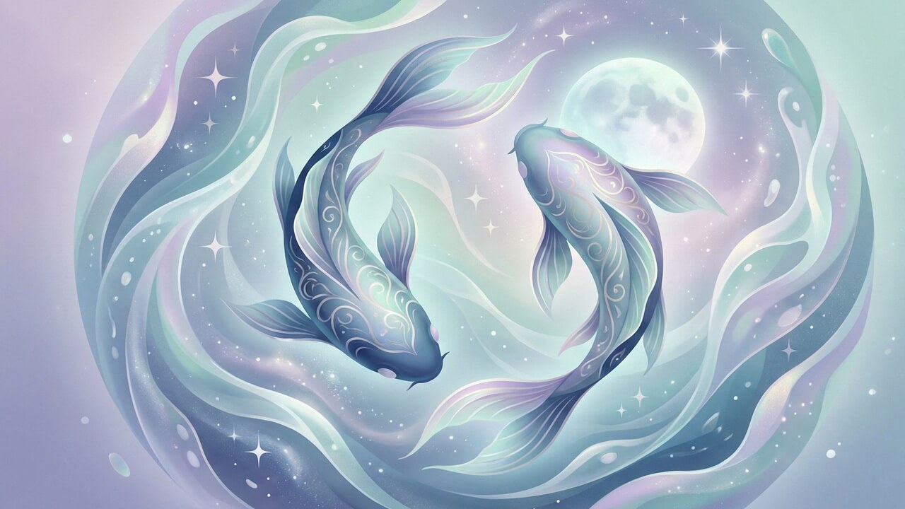 Ay ve yıldızların eşlik ettiği dairesel yüzen iki balık figürü Balık burcunun anlaştığı burçlar temasını betimler.