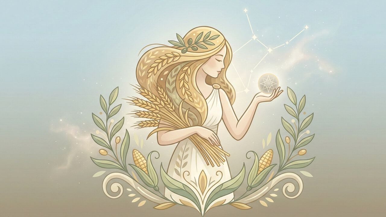 Elinde buğday başakları ve yapraklar tutan kadın figürü Başak burcu hangi burçlarla anlaşamaz konusunu açıklar.