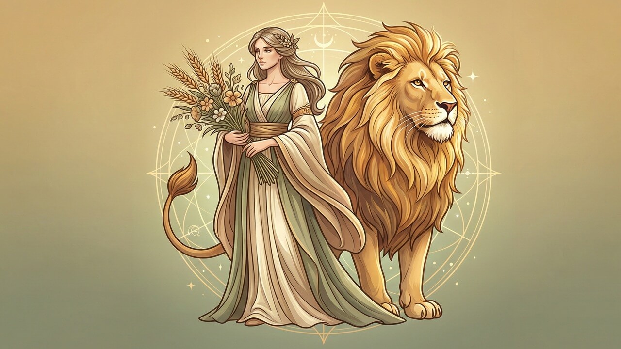 Başak kadını ve aslan figürüyle resmedilmiş Başak ve Aslan Burcu Uyumu çizimi.
