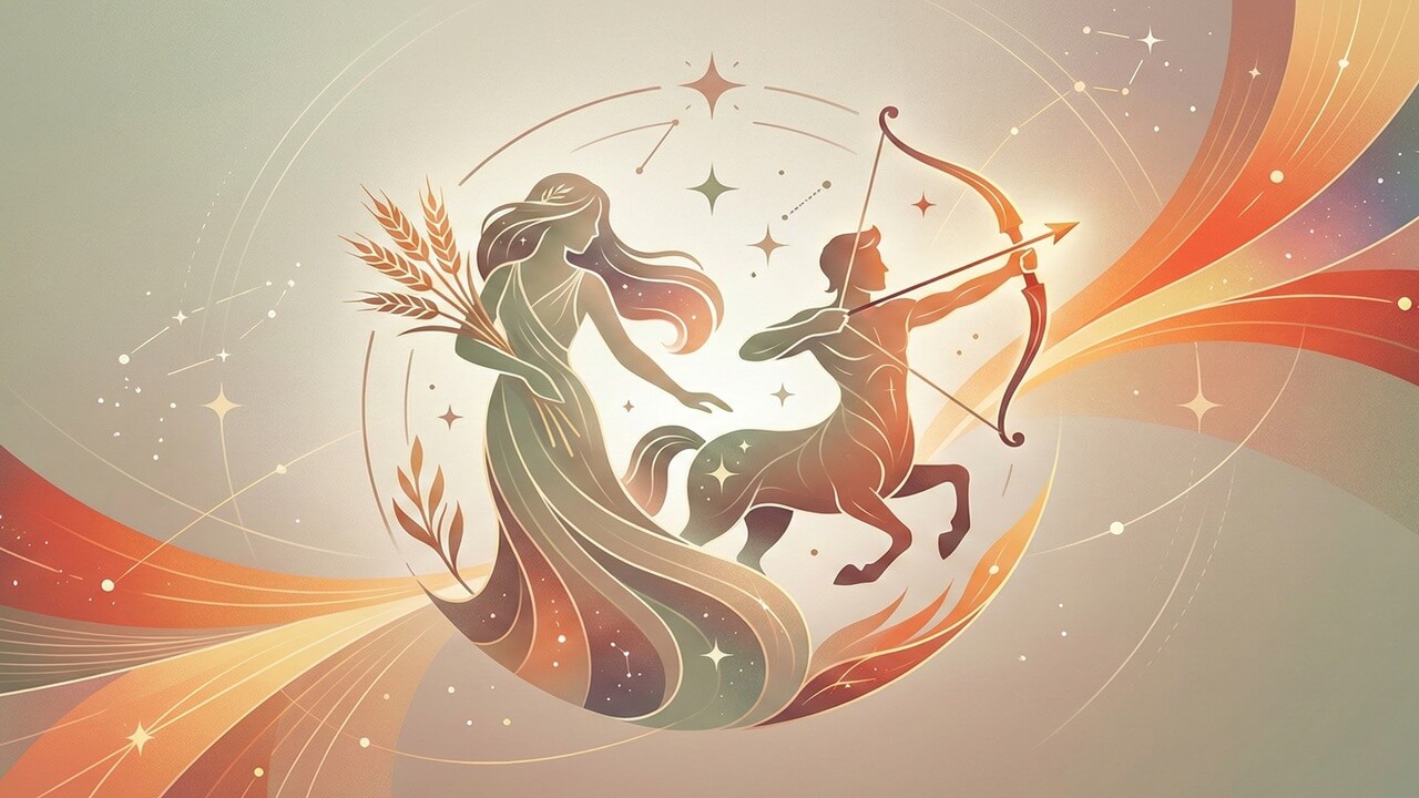 Başak ve Yay Burcu Uyumunu gösteren, elinde buğday tutan kadın ve ok atan sentor figürlü astrolojik illüstrasyon.