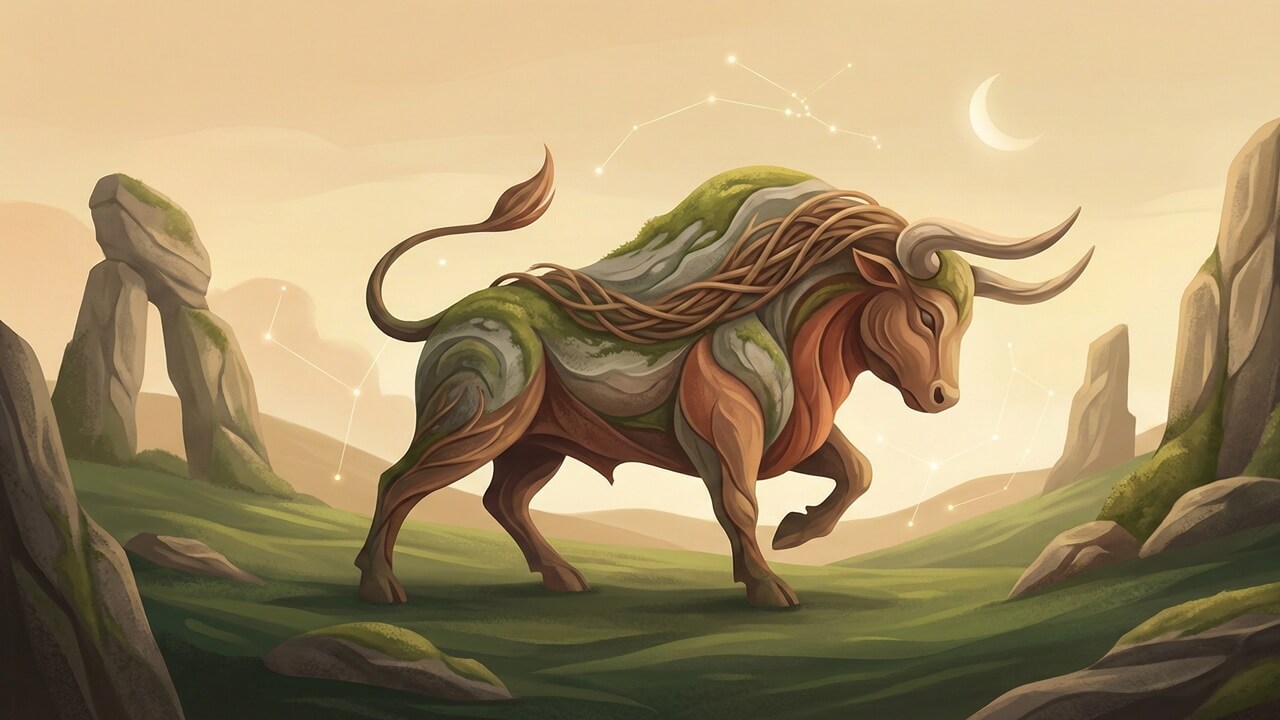 Kayalıklar ve takımyıldızlar altında yürüyen yosun kaplı boğa figürü Boğa burcunun anlaştığı burçlar temasını simgeler.