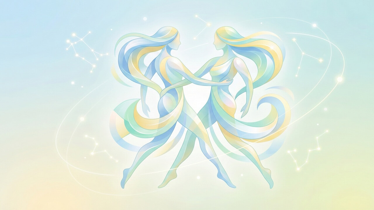 Mavi ve sarı tonlarda iki insan figürü ile takımyıldızları içeren İkizler burcunun anlaştığı burçlar teması.