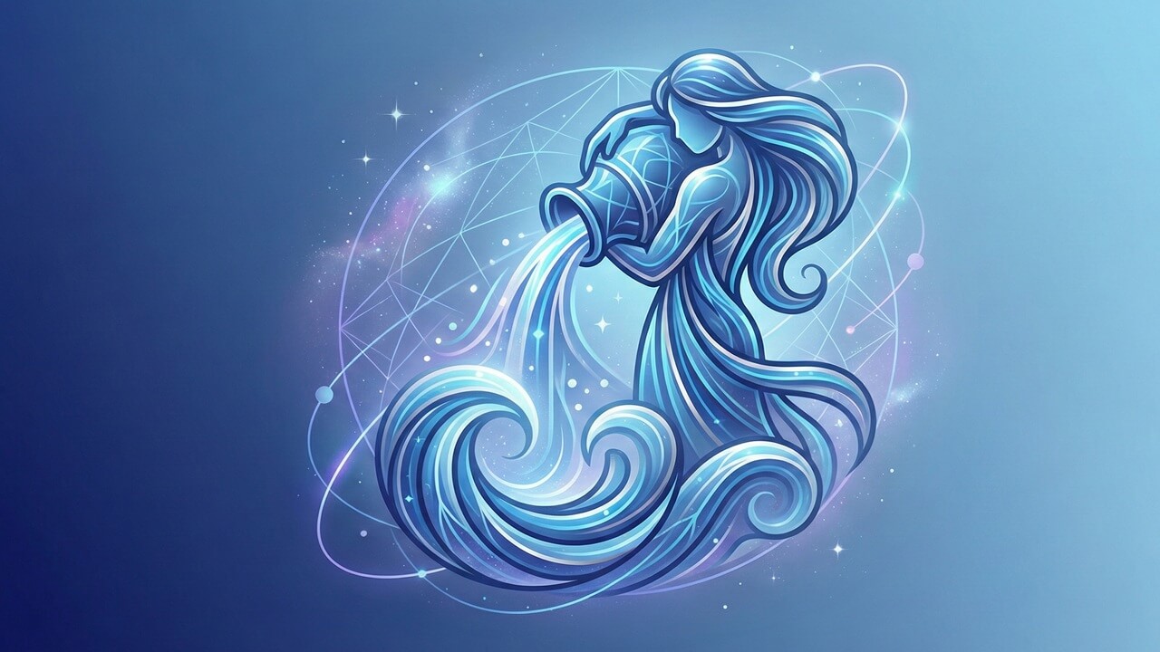 Su taşıyan kadın silüeti ve yıldızlar, kova burcunun anlaştığı burçlar ile paylaştığı sosyal enerjiyi betimler.