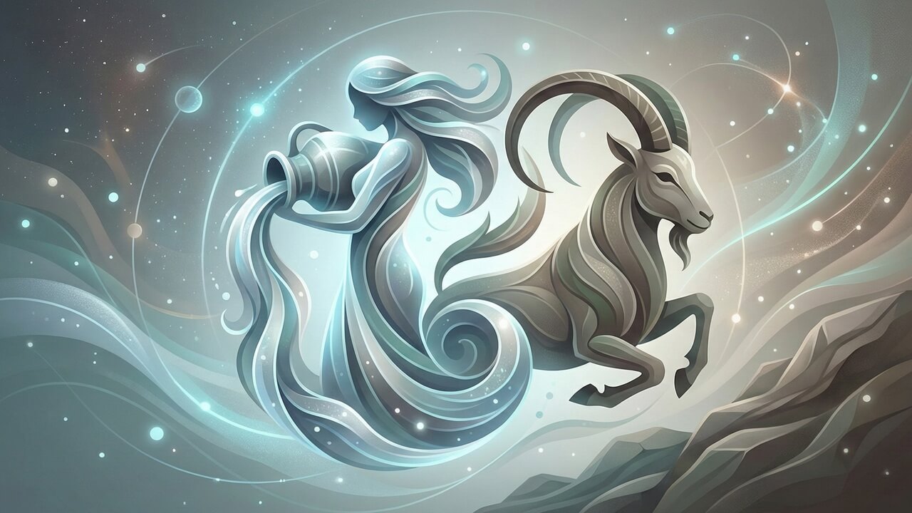 Mistik bir çerçevede yan yana gelen su taşıyıcısı ve çevik dağ keçisi illüstrasyonu kova ve oğlak burcu uyumu vurgusu.