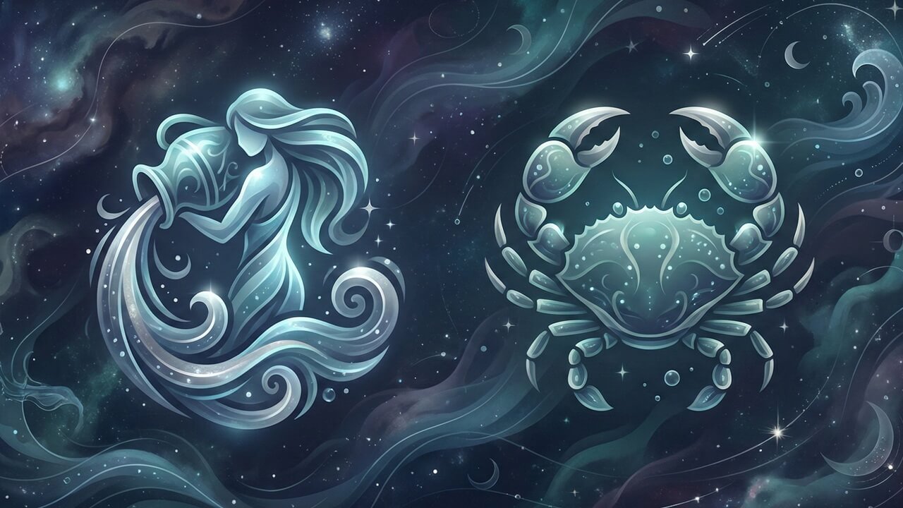 Astrolojik bir döngüde mavi tonlardaki kıskaçlı yengeç ve su taşıyan figür kova ve yengeç burcu uyumu temsilidir.
