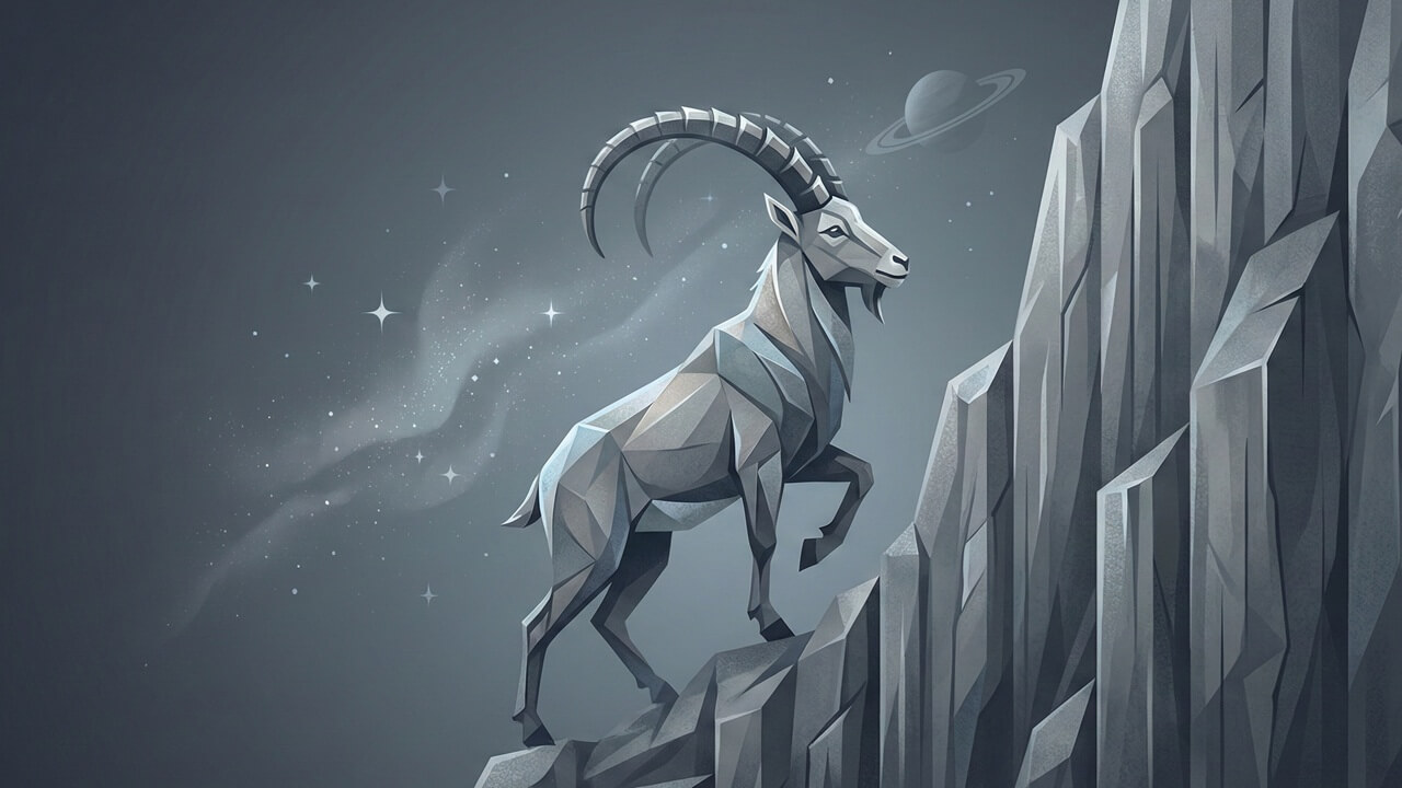 Sarp kayalıklara tırmanan geometrik keçiye eşlik eden Satürn gezegeni Oğlak burcu hangi burçlarla anlaşamaz konusunu açıklar.