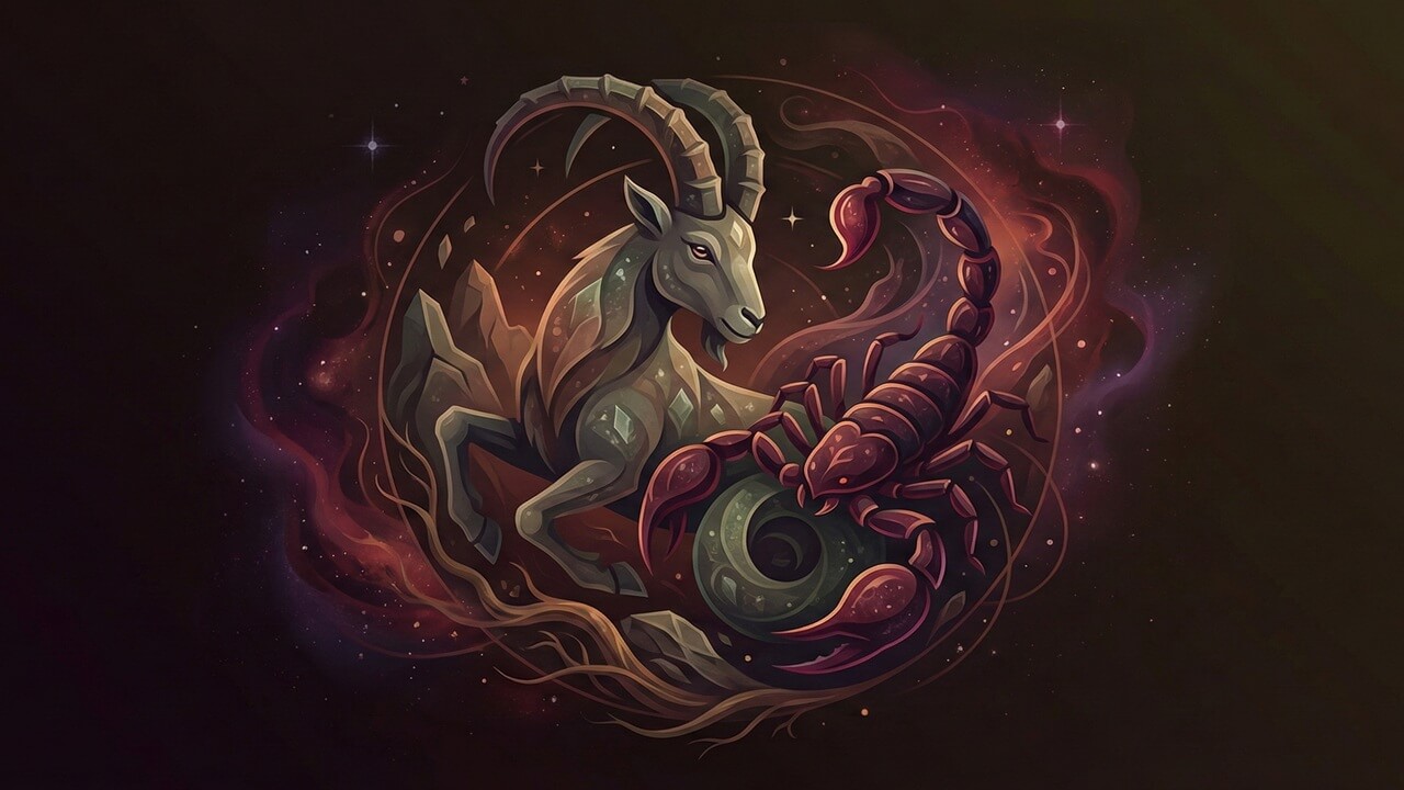 Işıltılı bir nebula ortasında betimlenen heybetli dağ keçisi ve akrep karakterleri oğlak ve akrep burcu uyumu örneği.