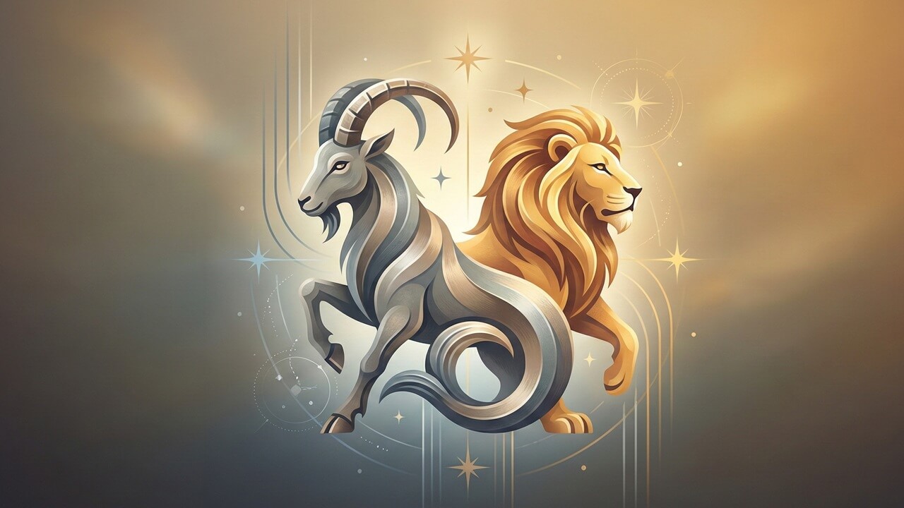 Sarp kayalıklardaki keçi ve güneş çemberindeki aslan silüeti Oğlak ve Aslan burcu uyumu temasını simgeler.