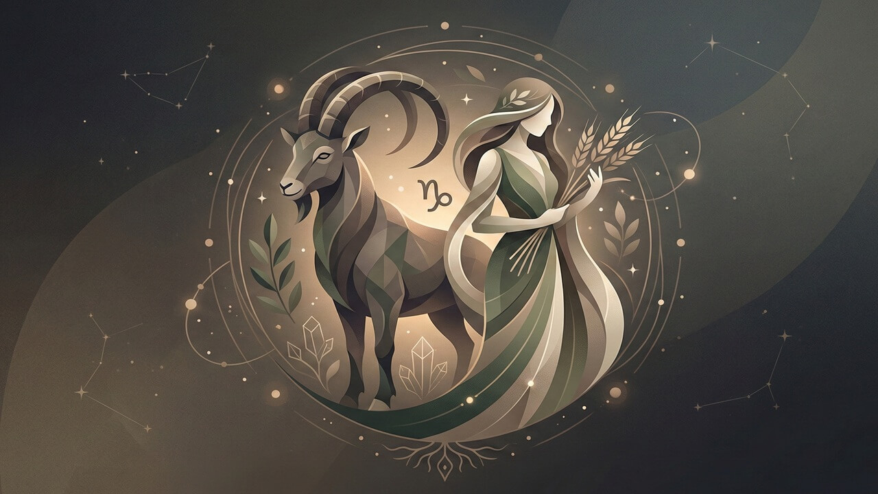 Astrolojik bir nebula içinde betimlenen kahverengi keçi ve yeşil elbiseli kadın ile oğlak ve başak burcu uyumu temsili.