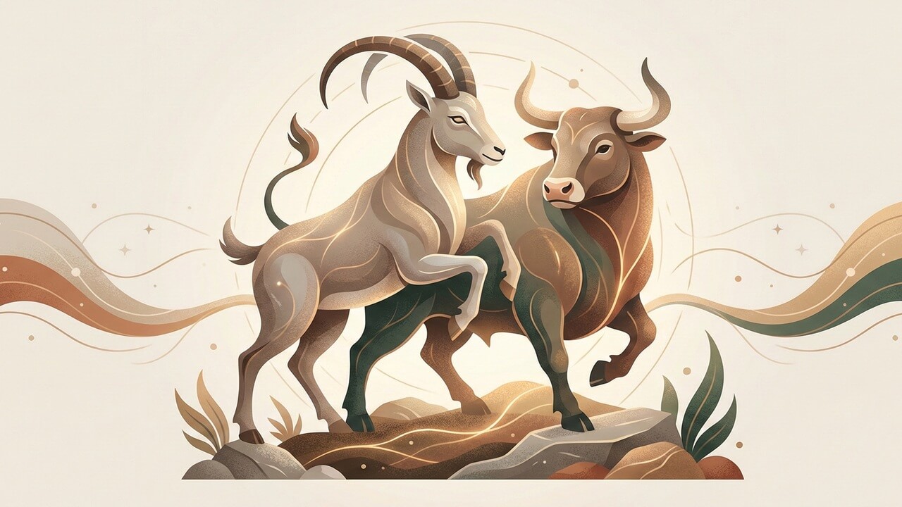 Toprak tonlarında yan yana duran keçi ve boğa figürleri, Oğlak ve Boğa burcu uyumunu simgeler.