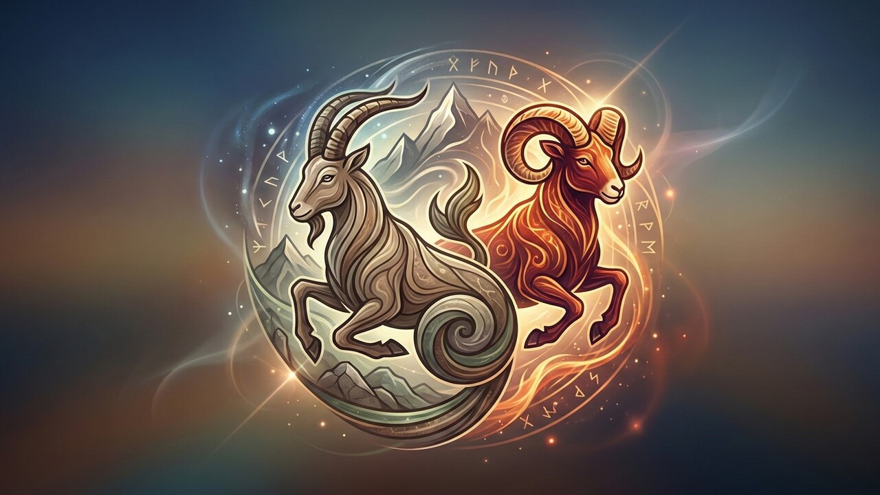 Işıltılı bir kozmik planda birleşen ateşli koç ve toprak tonlu keçi ile oğlak ve koç burcu uyumu vurgusu.