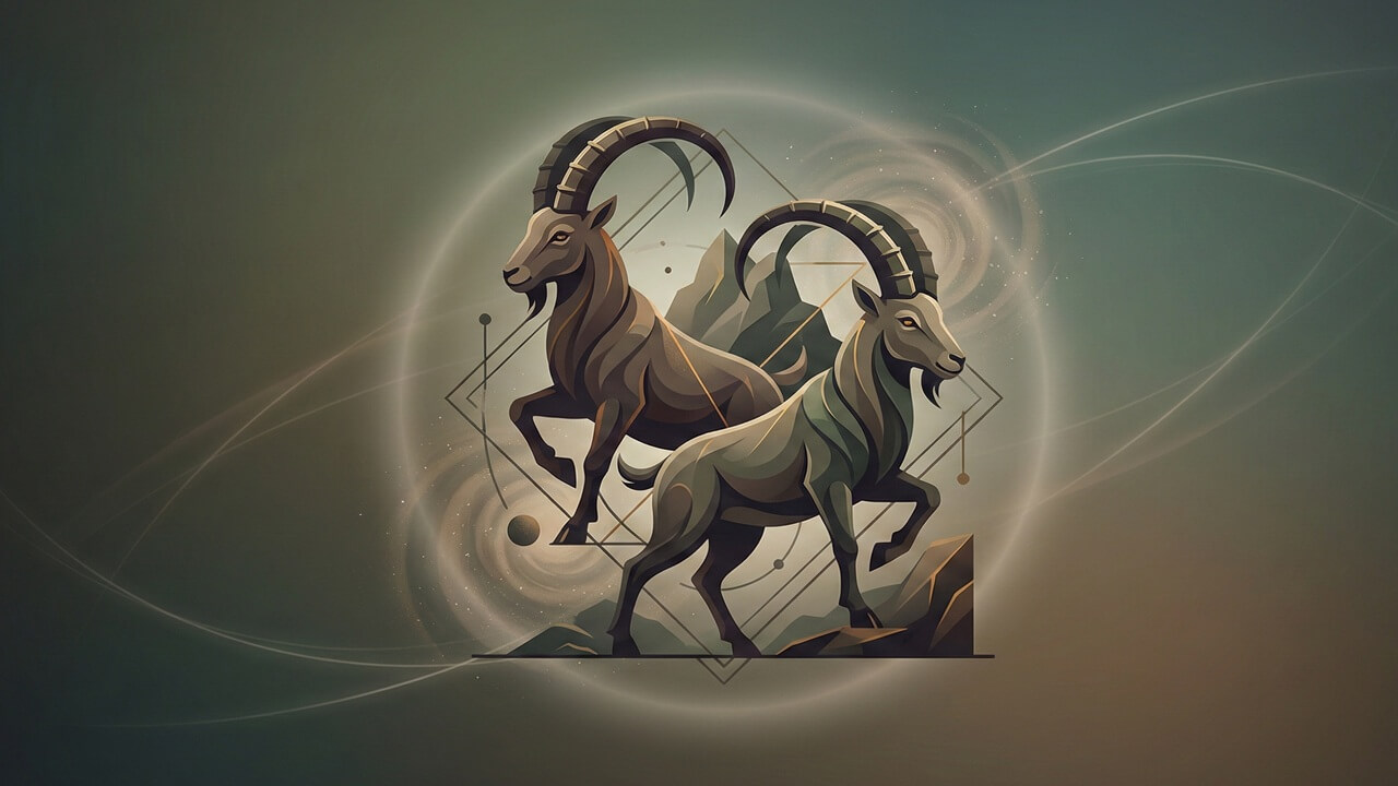 Kahverengi tonlarda stilize edilmiş iki oğlak figürünün merkezde olduğu oğlak ve oğlak burcu uyumu teması.