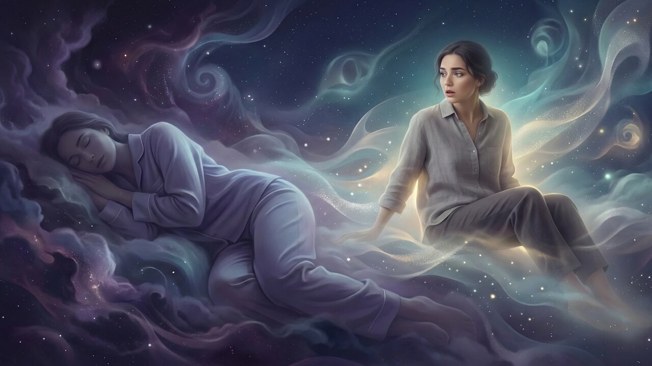 Mistik bulutlar arasında uyuyan ve şaşkınlıkla uyanan kadının rüya içinde rüya görme anını anlatan illüstrasyon.
