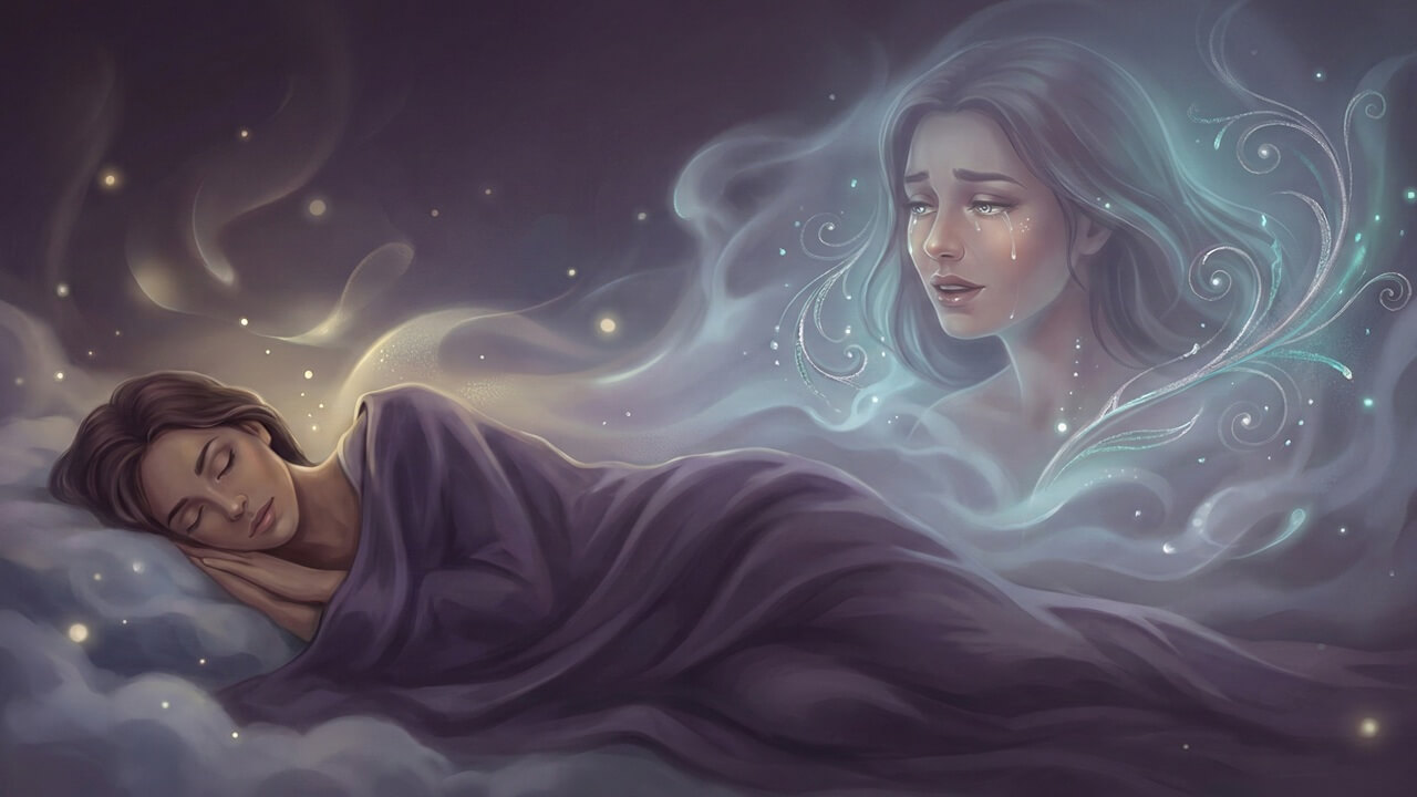 Uyuyan bir kadının üzerinde beliren, rüyada ağlayarak konuşmak eylemini gösteren mistik ve duygusal bir dijital illüstrasyon.