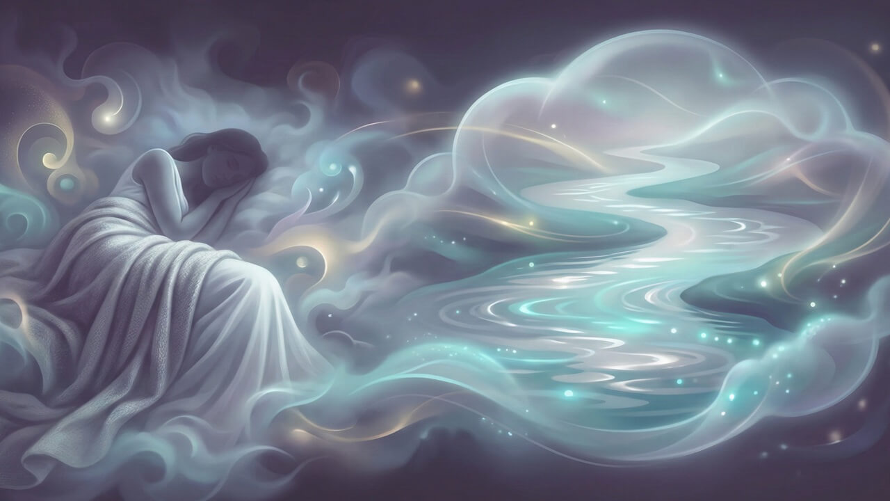 Rüyada Akarsu görmek konusunu işleyen, rüya aleminde kıvrılan nehir ve uyuyan figürlü dijital illüstrasyon.