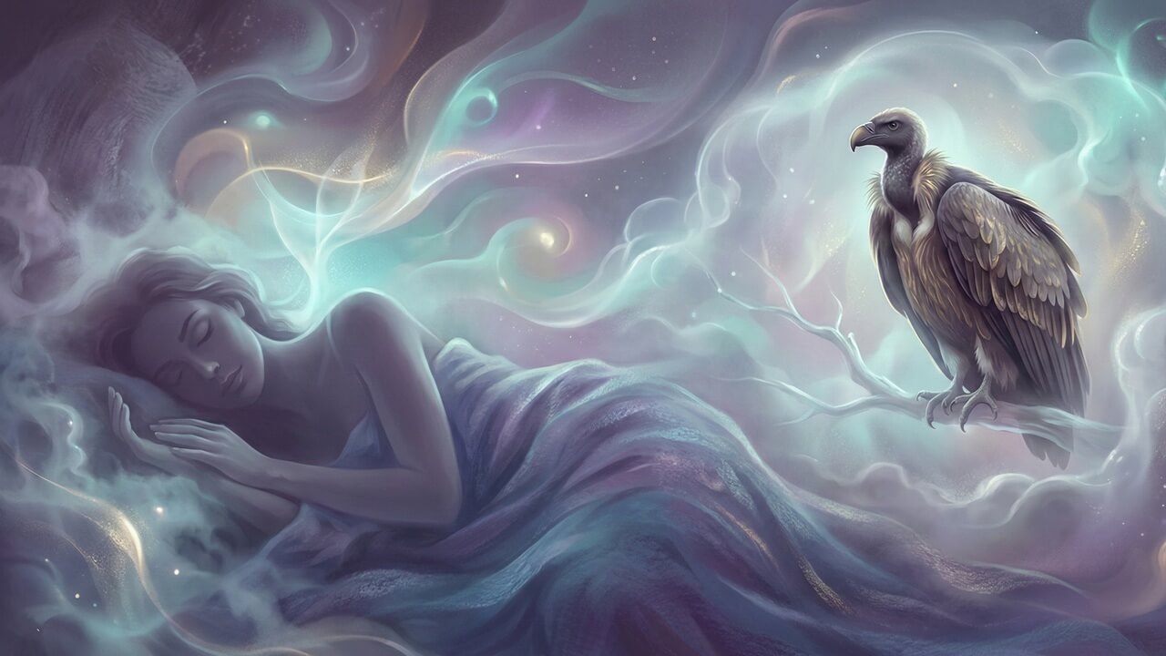 Uyuyan kadın ve bulutlar içindeki akbaba ile rüyada akbaba görmek konusunu işleyen mistik dijital illüstrasyon.