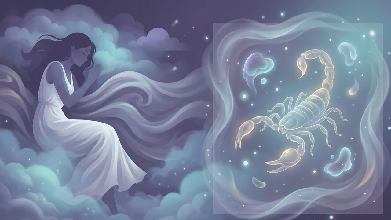 Bilinçaltı sembolizmi olarak rüyada akrep görmek konusunu işleyen, uyuyan kadın ve parlak akrep illüstrasyonu.