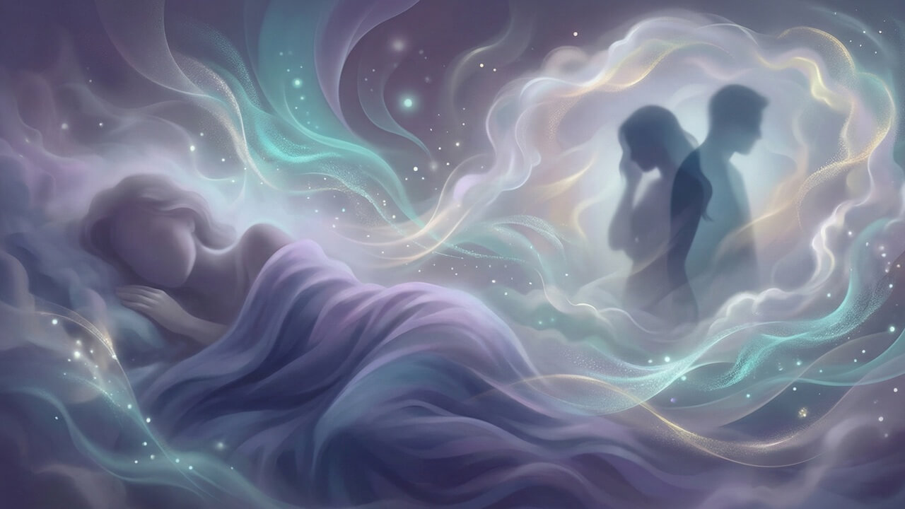 Rüyada aldatıldığını görmek temasını işleyen, mistik ve ruhsal derinliği olan estetik bir dijital illüstrasyon.