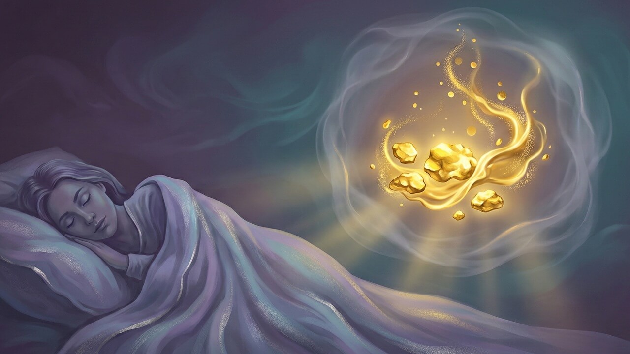 Uyuyan bir figürün zihninde canlanan, bilinçaltı zenginliğini simgeleyen ışıltılı "rüyada altın görmek" vizyonu.