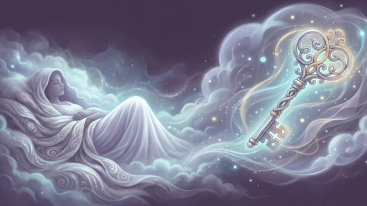 Rüyada anahtar görmek temasını işleyen, yıldızlı bir rüya aleminde uyuyan figür ve karşısındaki ışıltılı, büyük anahtar görseli.