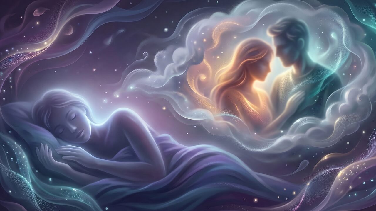 Derin uykudaki kadının rüya balonunda beliren parlayan figürlerle rüyada anne baba görmek temalı sanatsal çizim.