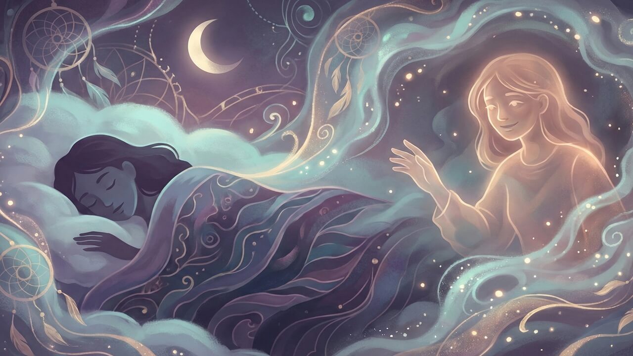 Rüyada arkadaş görmek temasını işleyen, uyuyan bir kadın ve rüyasında beliren ışıklı bir dostu gösteren mistik illüstrasyon.