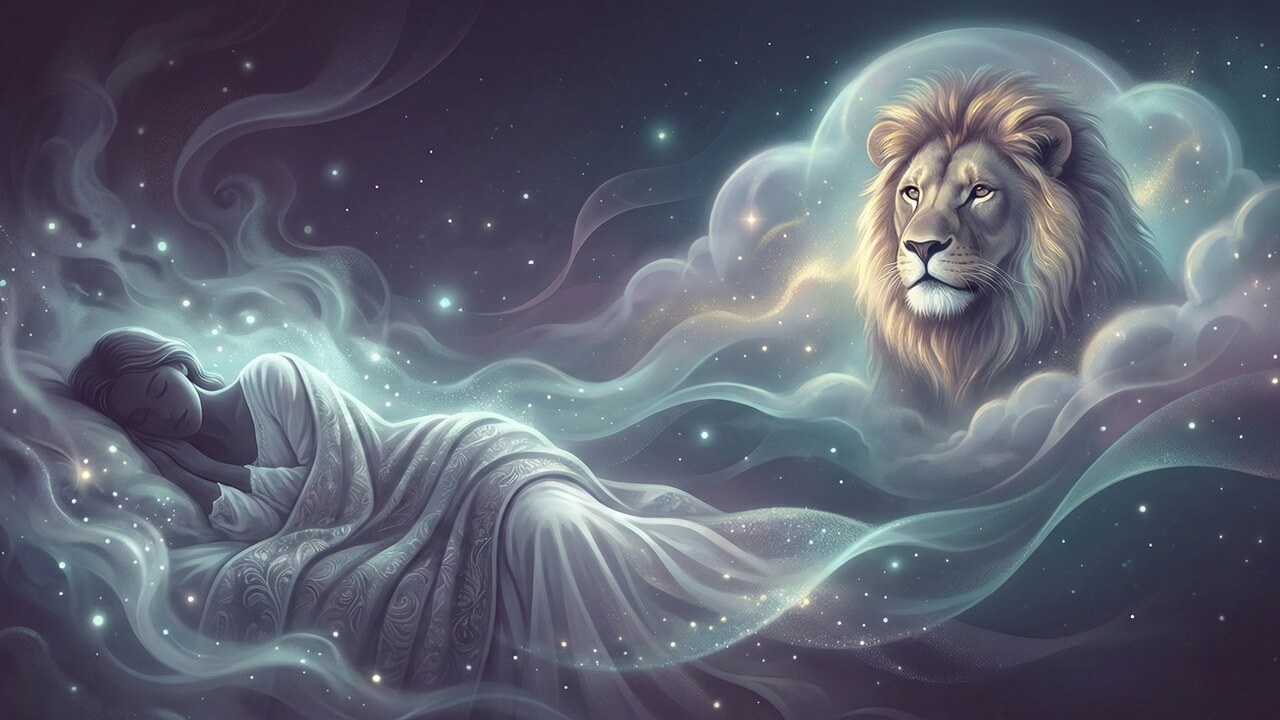 Rüyada aslan görmek konusunu işleyen, yıldızlar ve dumanlar arasında uyuyan kişi ve aslan figürlü ruhani illüstrasyon.