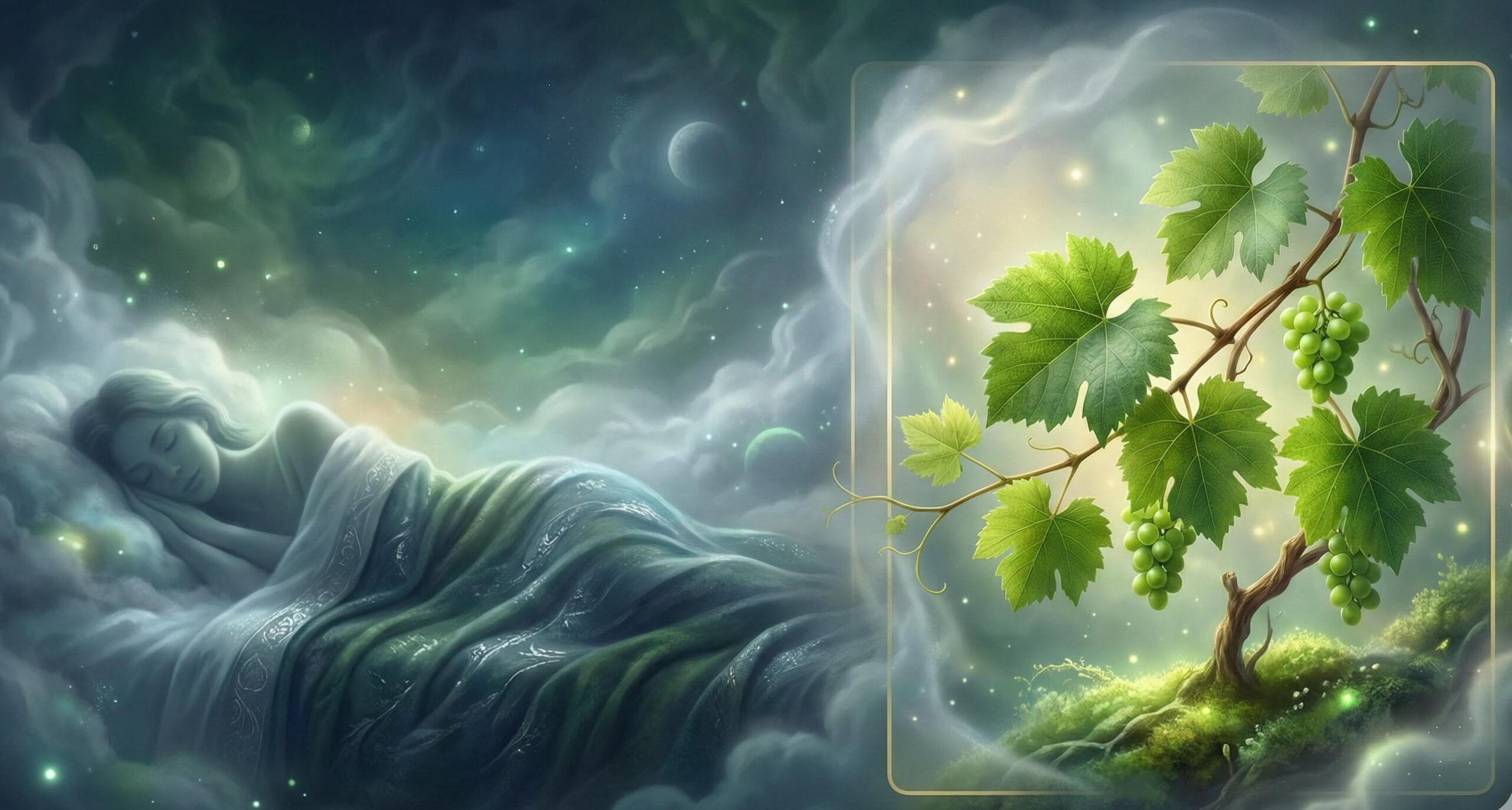 Yeşil ve altın tonlarında rüyada asma yaprağı görmek tabirini simgeleyen, ferah ve umut dolu sanatsal rüya tasviri.