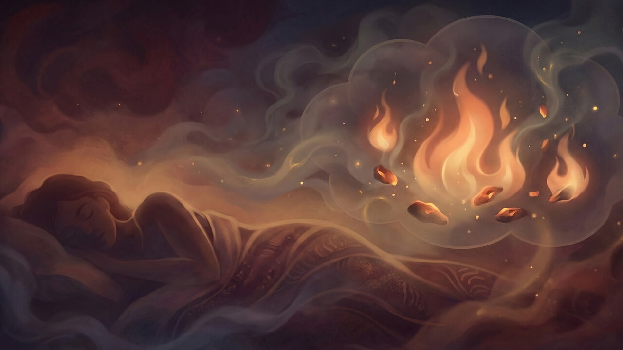 Rüyada ateş görmek temasını işleyen, uyuyan bir kadın ve rüyasında beliren sembolik alevleri gösteren mistik illüstrasyon.