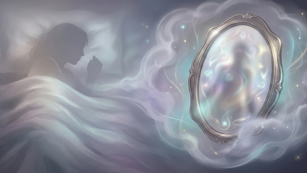 Bilinçaltı yansımasını simgeleyen, rüyada ayna görmek konusunu ele alan, mavi ve gümüş tonlarda sanatsal öne çıkan görsel.