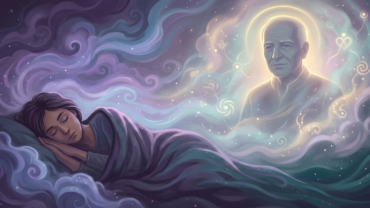 Rüyada baba görmek temasını işleyen, uyuyan kişi ve rüyasında beliren parlayan baba figürünü gösteren duygusal çizim.