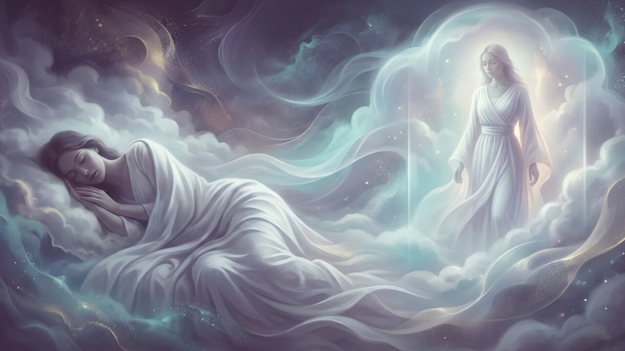 Uyuyan kadın ve rüyasında beliren beyaz elbiseli ışık saçan figür. Rüyada beyaz giyinmek konusunu işleyen ruhani bir çizim.