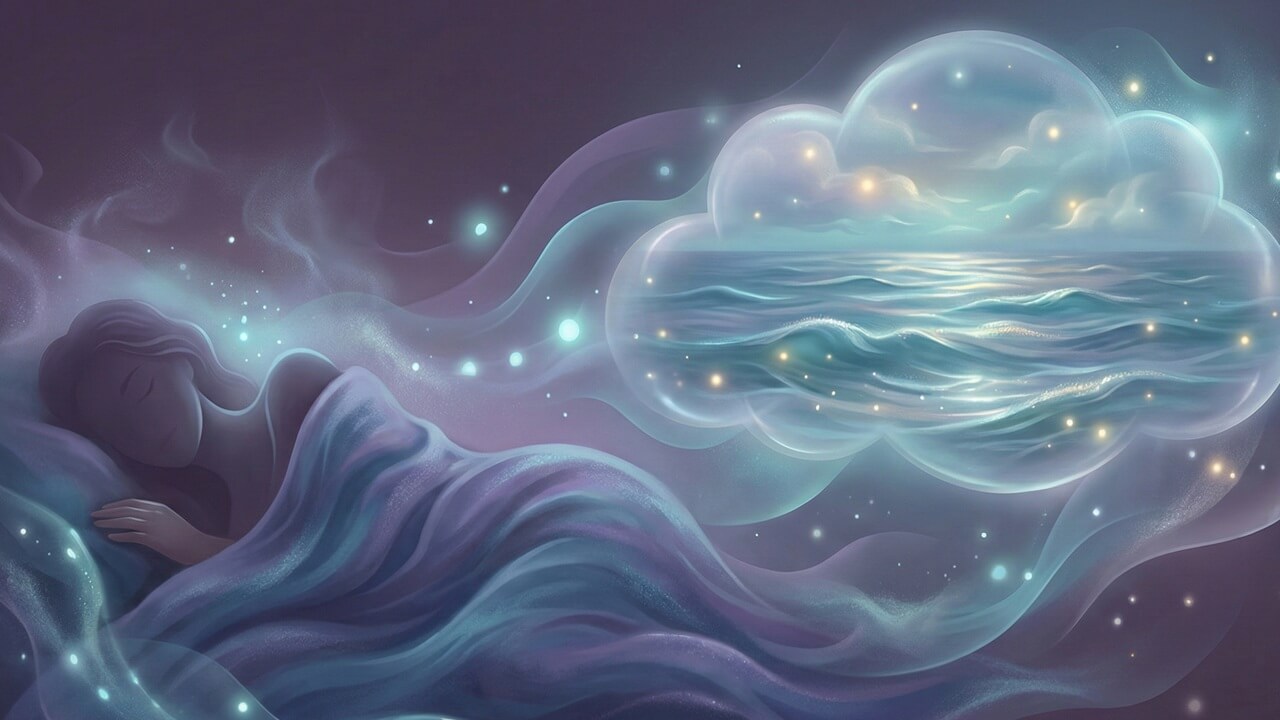 Uyuyan kadın ve rüya balonundaki dalgalı okyanus manzarası ile rüyada deniz görmek temalı mistik dijital illüstrasyon.