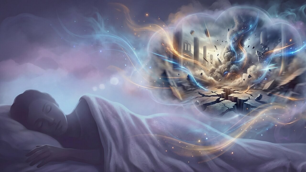 Solda huzurla uyuyan figür ve sağdaki kaotik rüya balonunda rüyada deprem görmek sahnesini gösteren illüstrasyon.