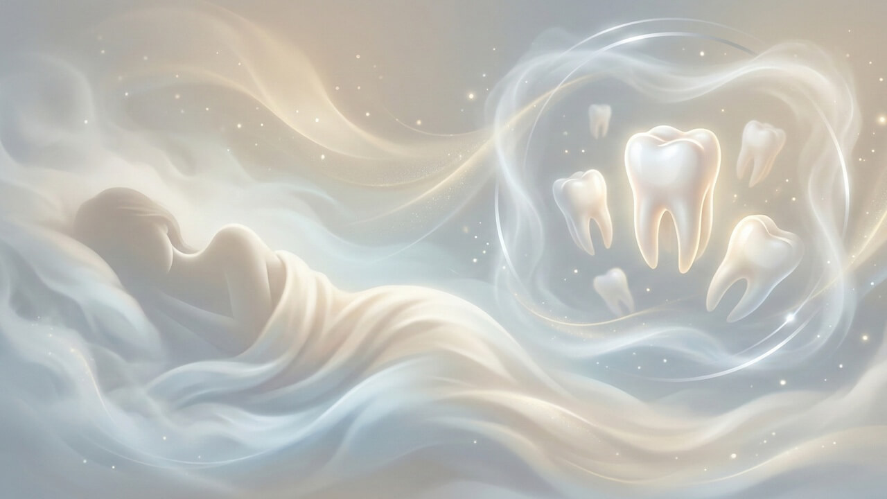 Rüyada diş görmek ne anlama gelir konulu makale için, uyuyan kişi ve rüyasındaki diş sembollerini içeren görsel.