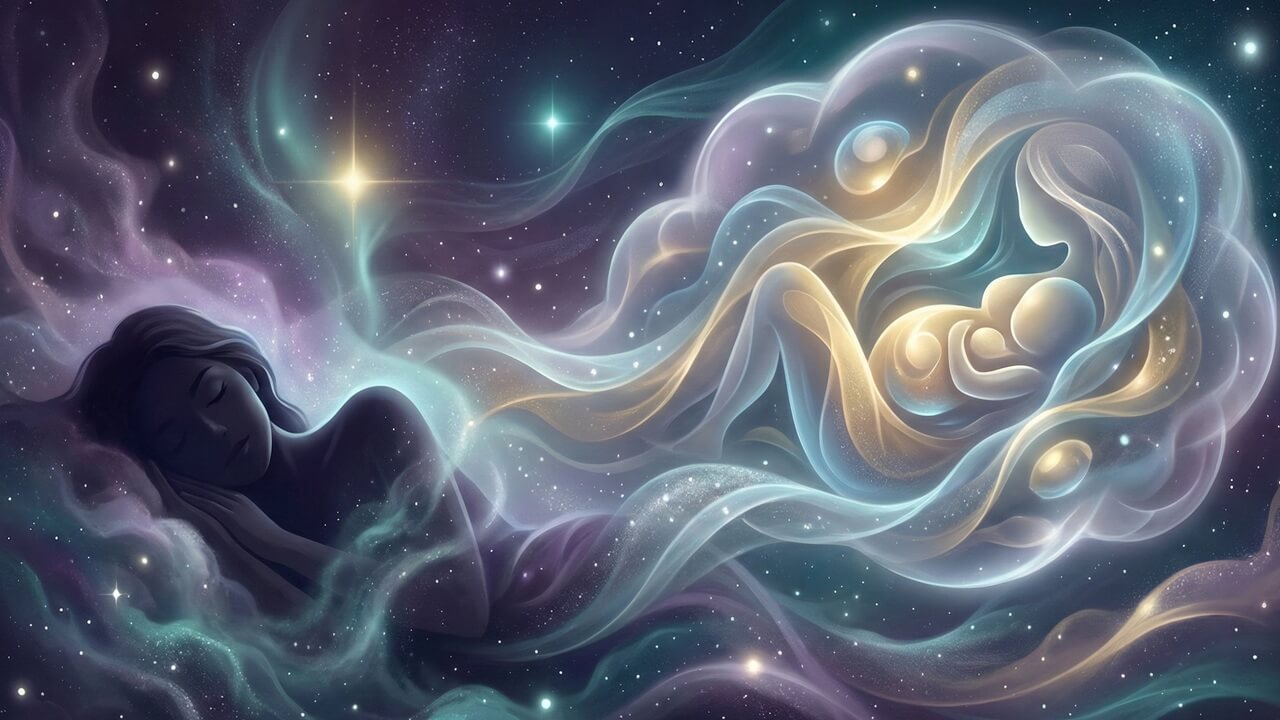 Uyuyan kadın ve rüyasındaki kozmik ışıklı anne bebek figürü ile rüyada doğum yapmak temalı mistik görsel.