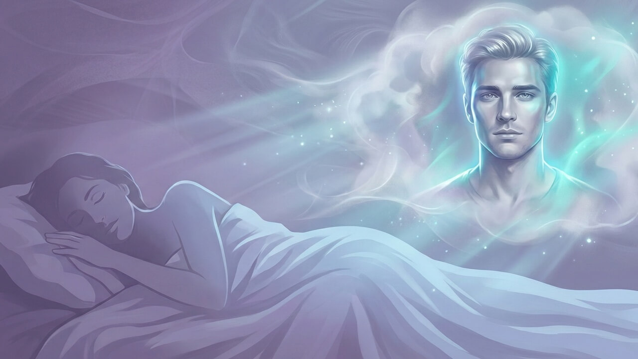 Mor tonlarda uyuyan kadın ve mavi ışıklı erkek vizyonuyla rüyada eski sevgiliyi görmek konulu dijital çizim.