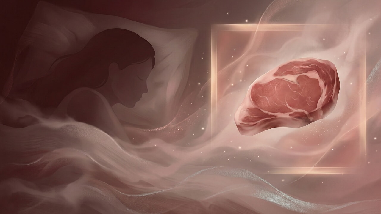 Sisler arasında uyuyan bir kadın ve rüyasında beliren yüzen et parçası. Rüyada et görmek tabiri için sanatsal çizim.