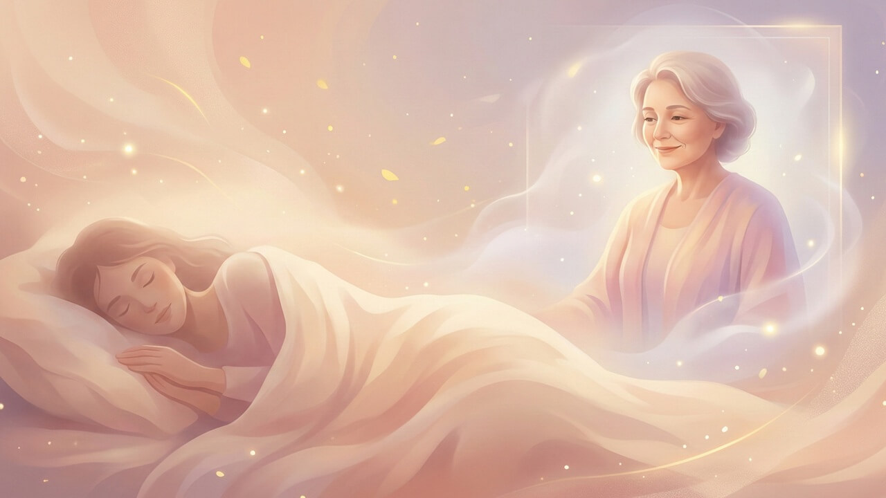 Mistik bir atmosferde rüyada hala görmek: Uyuyan kadın ve ona gülümseyen nurani bir hala figürü.