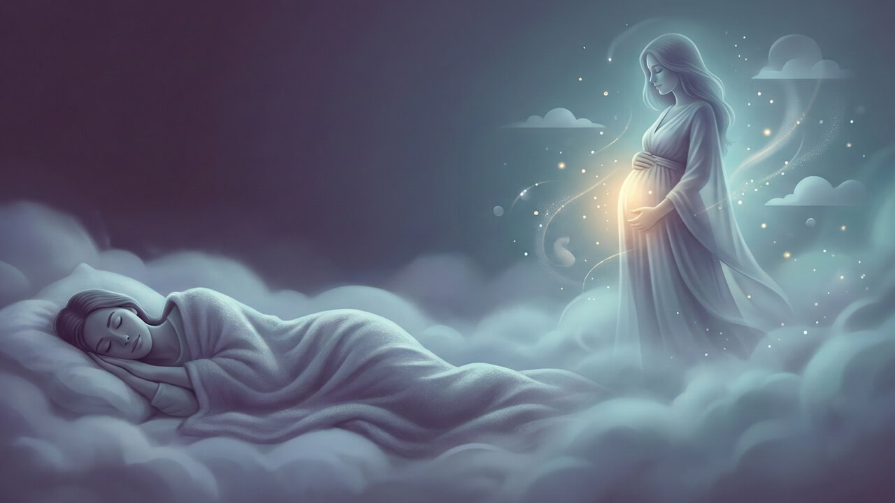Mistik mavi ve mor tonlarda, huzurlu bir uykuda rüyada hamile olduğunu görmek temasını işleyen büyüleyici görsel.