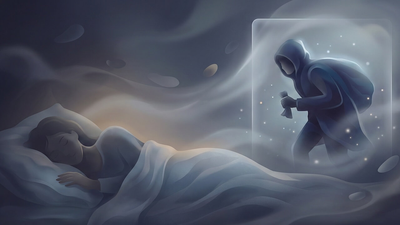 Mistik bir atmosferde rüyada hırsız görmek: Uyuyan bir kadın ve rüyasında beliren kapüşonlu hırsız silüeti.