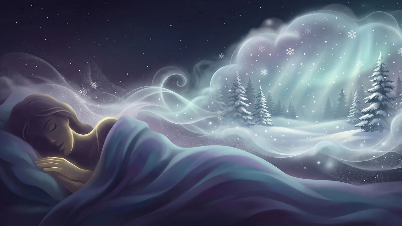 Mavi ve mor tonların hakim olduğu, rüyada kar görmek temasını işleyen, kış manzaralı bir rüya balonu içeren dijital çizim.