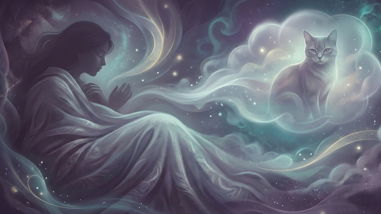 Rüyada kedi görmek üzerine ruhani çizim: Uyuyan kadının etrafındaki enerjiler ve karşısında beliren ışıklı kedi figürü.