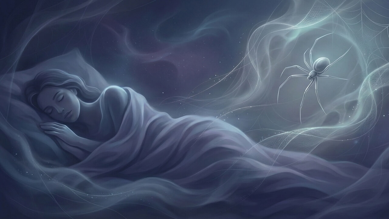 Rüyada örümcek görmek: Mavi tonlarda mistik illüstrasyon, uyuyan kadın ve rüyasında beliren ışıklı, zarif bir örümcek silüeti.