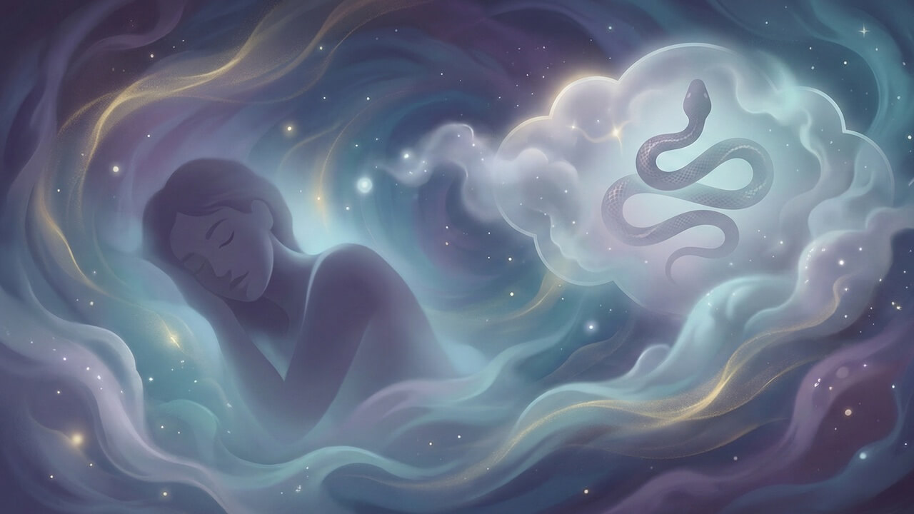 Rüyada yılan görmek tabiri için kullanılan, mavi ve altın renklerin hakim olduğu, uyuyan kişi ve yılanlı rüya bulutu görseli.