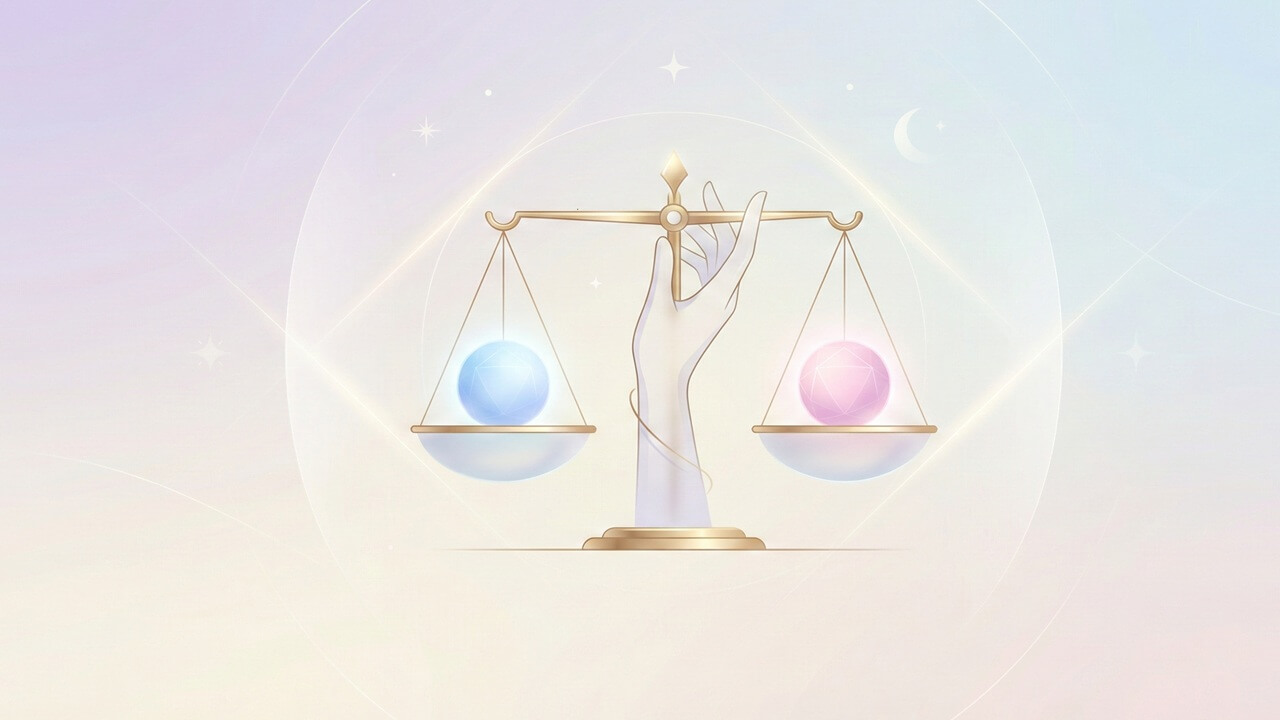 Gökyüzü temalı arka planda altın terazi tutan el, terazi burcunun anlaştığı burçlar ile yakaladığı uyumu betimler.