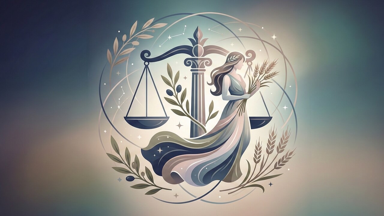 Zarif terazi ve altın başaklı kadın silüeti Terazi ve Başak burcu uyumu temasını imgeler.