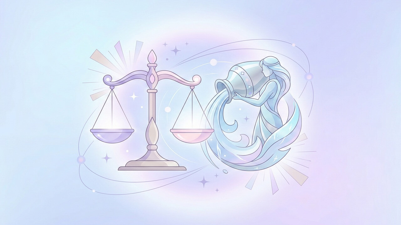 Hava elementini yansıtan zarif terazi ve kova sembollerinin ahenkli birleşimi, Terazi ve Kova Burcu Uyumu görseli.